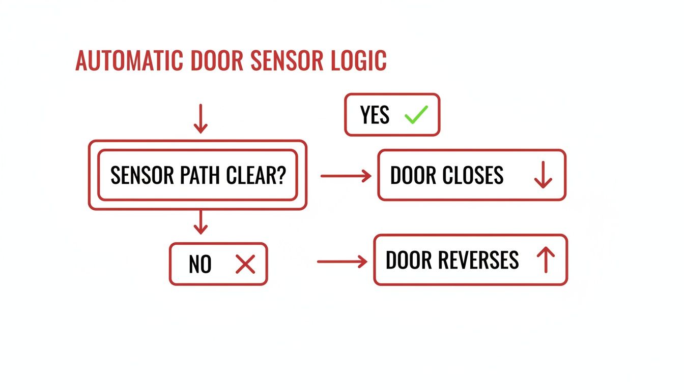 Flowchart depicting automatic door sensor logic: if the path is clear, the door closes; otherwise, it reverses.