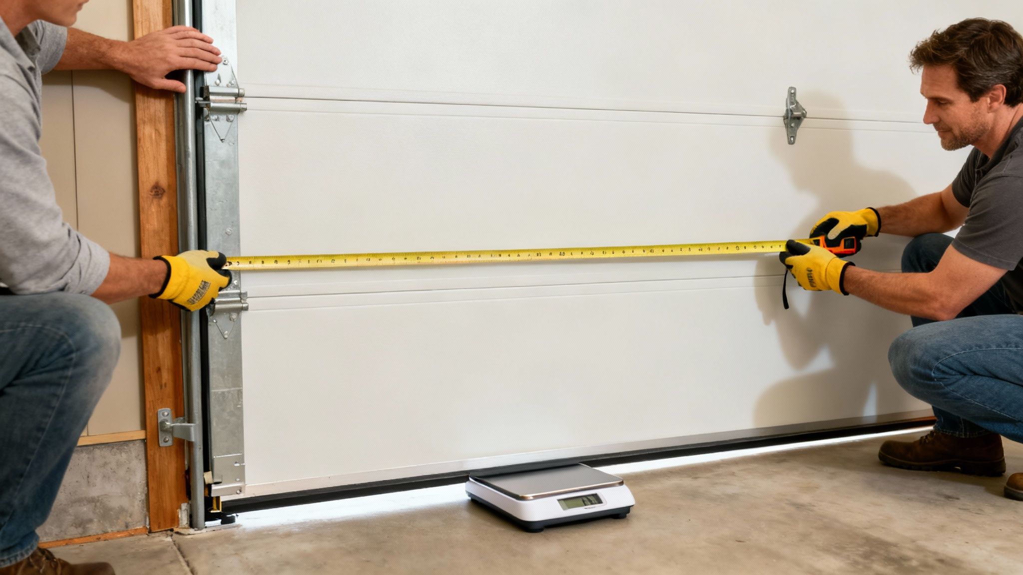 A person measuring a garage door with a tape measure