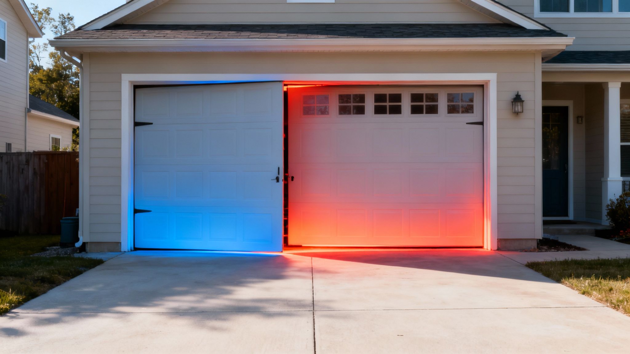 An open garage door showing the interior of a well-organized garage.