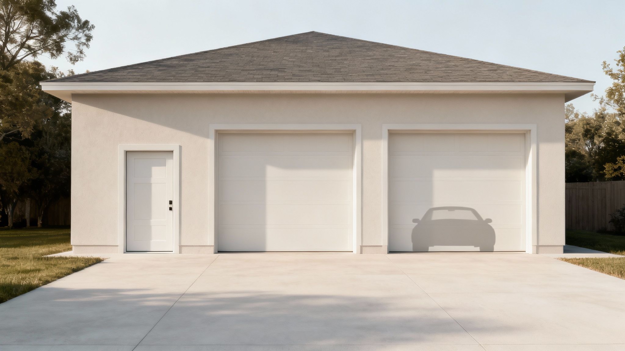 Modern beige stucco house with hip roof and two white garage doors