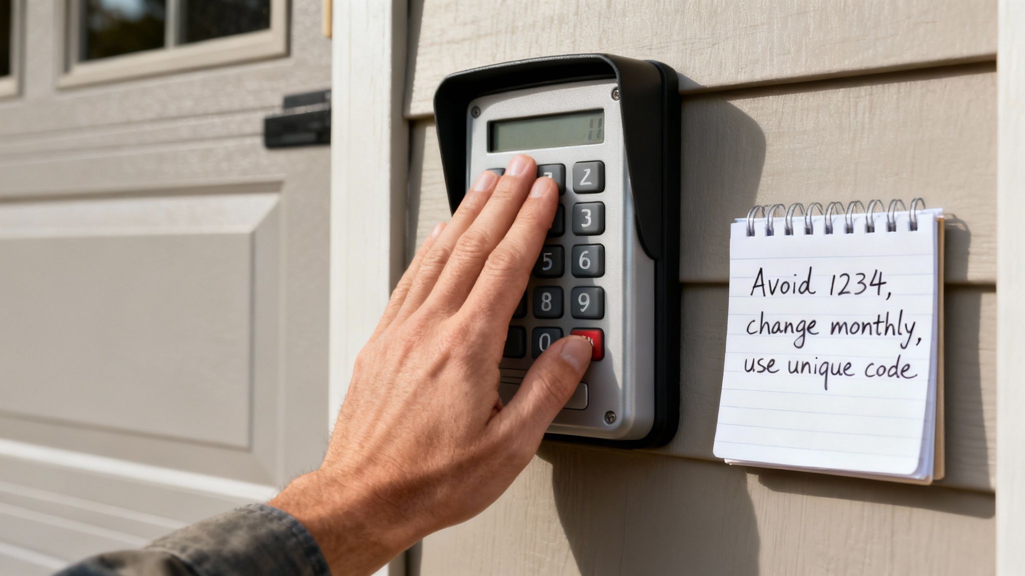 A person's hand presses buttons on an outdoor keypad, next to a notepad with security code advice.