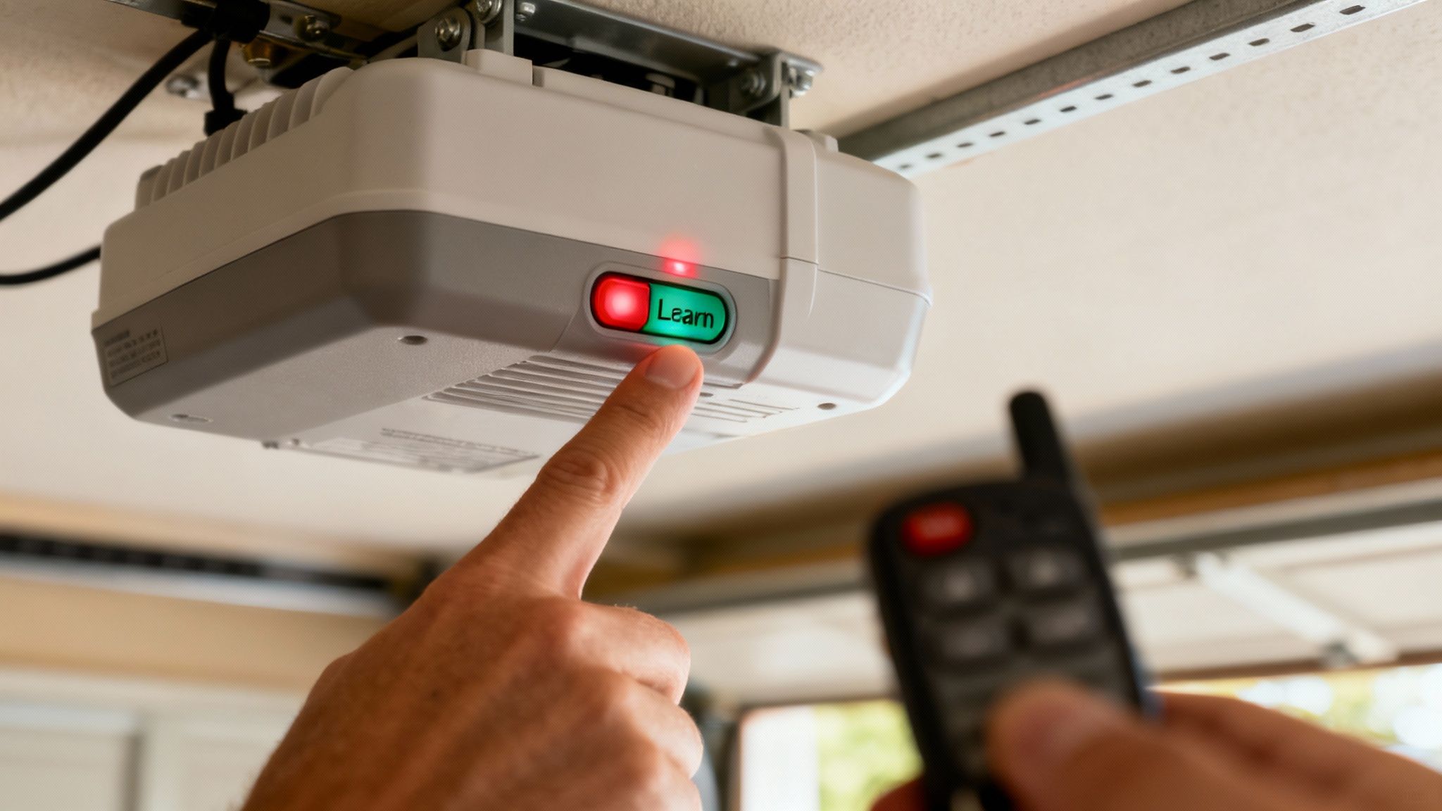 A close-up of a person's finger pressing the 'Learn' button on a garage door opener motor unit.