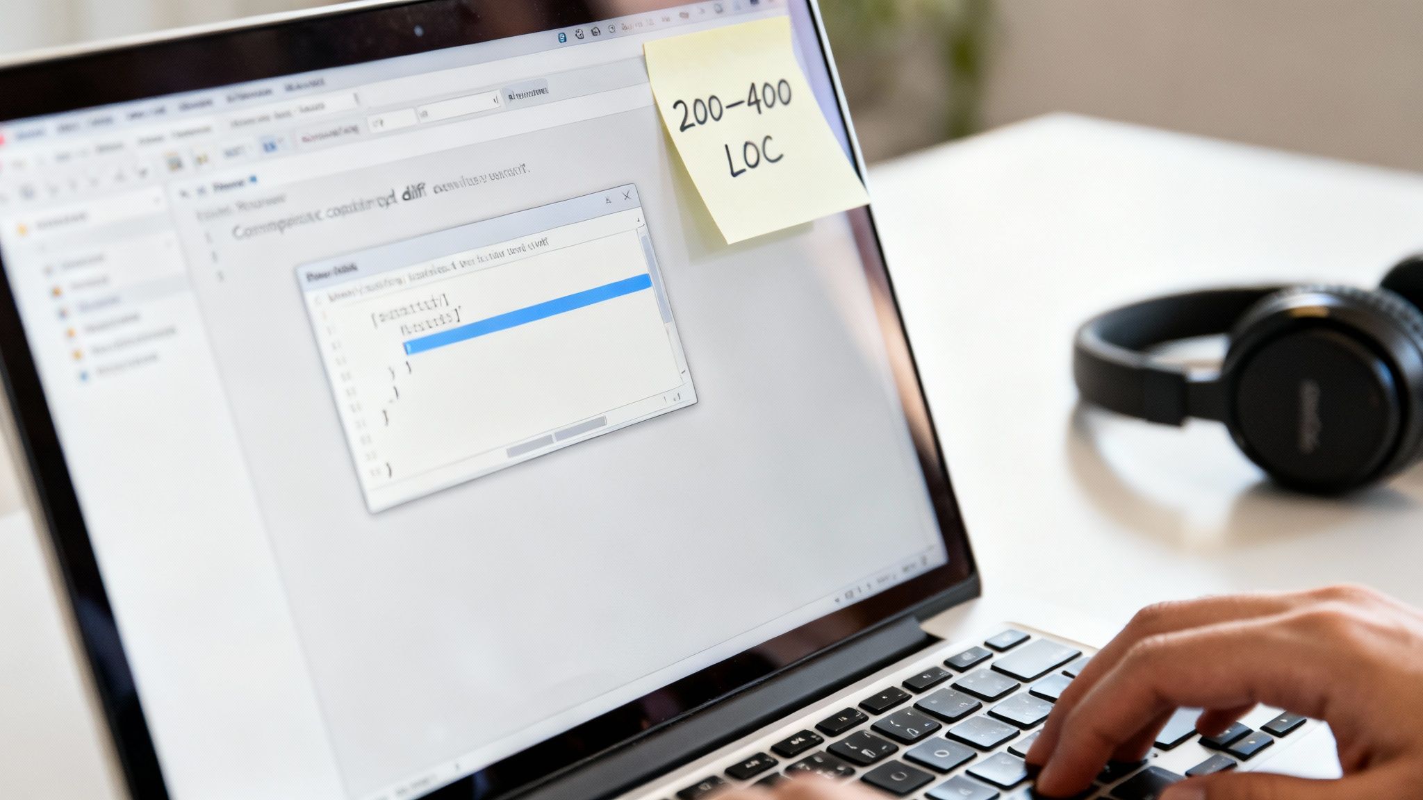 Close-up of a developer reviewing code on a laptop, with a 'LOC' sticky note and headphones.