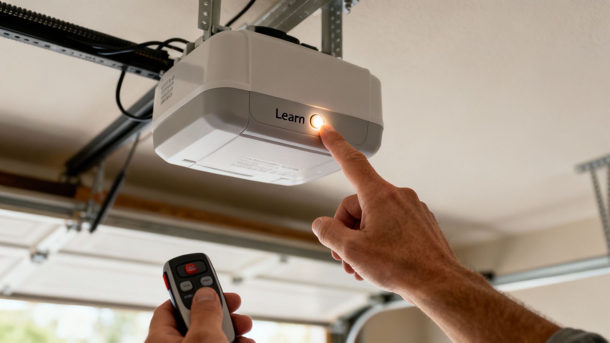 A person presses the 'Learn' button on a garage door opener to program a remote.