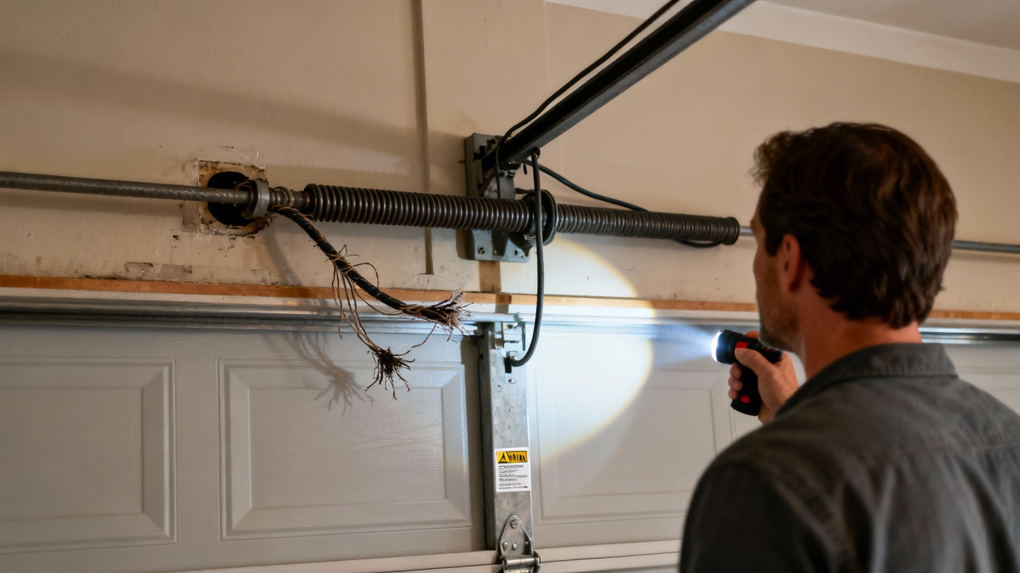 A man with a flashlight inspects a broken garage door spring system with frayed wires.