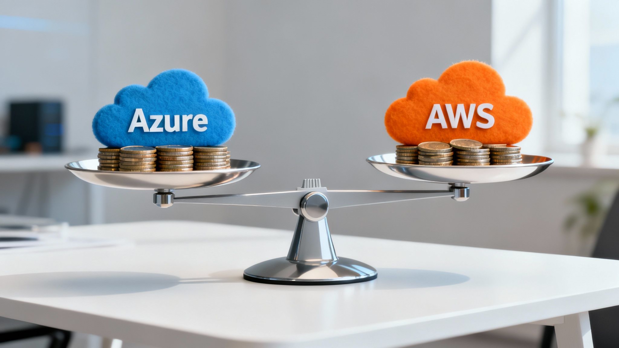 A balance scale with Azure (blue) and AWS (orange) cloud icons, each with stacks of coins.