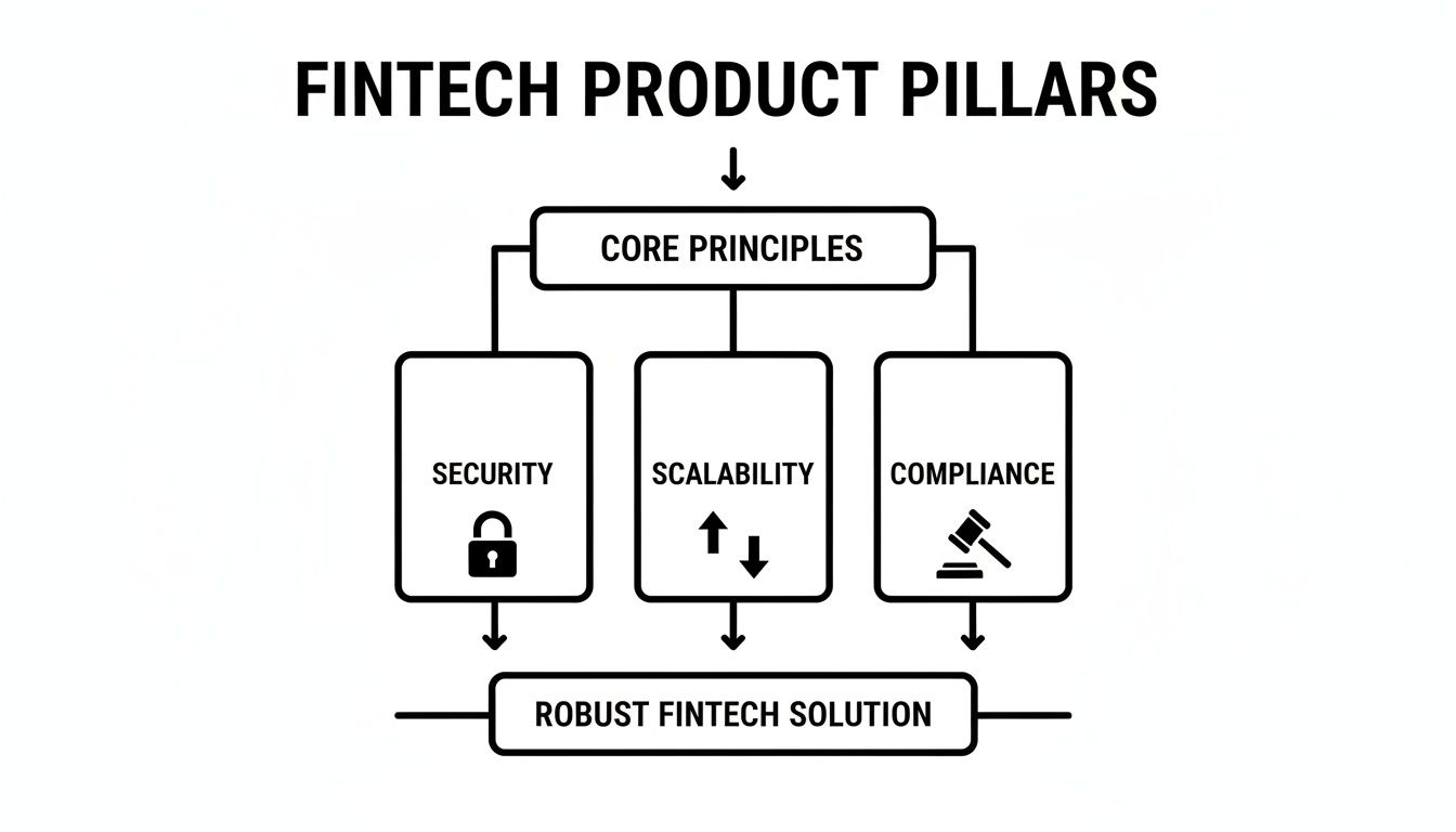 Flowchart of Fintech Product Pillars: Core Principles leading to Security, Scalability, and Compliance, forming a Robust Fintech Solution.