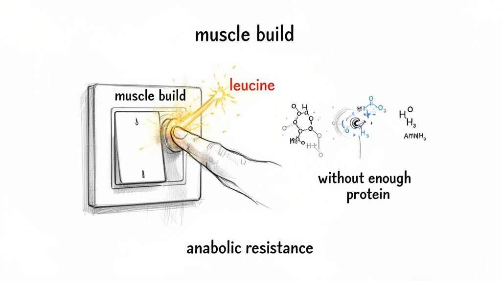 Diagram illustrating how leucine triggers muscle growth, requiring sufficient protein to overcome anabolic resistance.