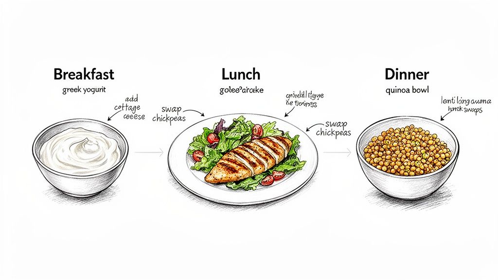 An illustrated daily meal plan showing Greek yogurt, chicken salad, and a quinoa bowl with ingredient swap suggestions.