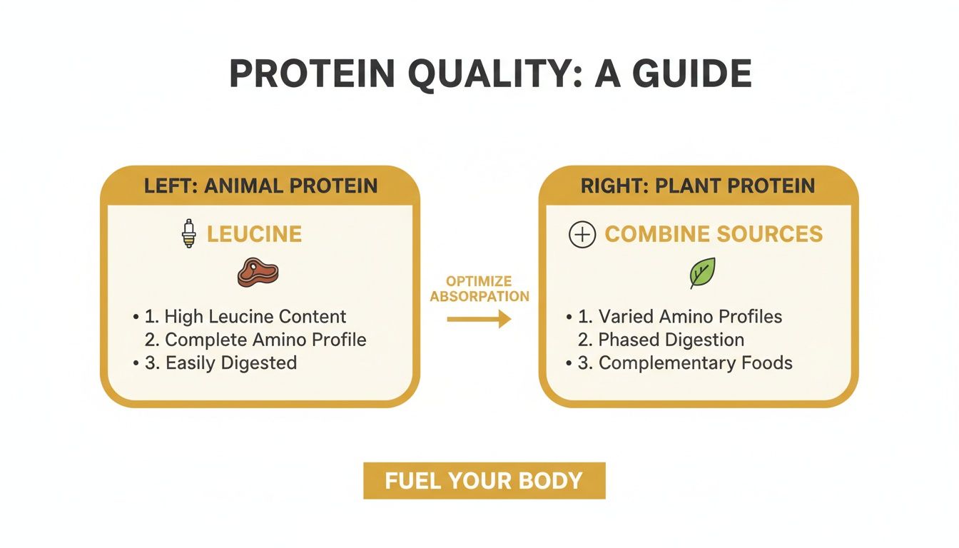 A guide comparing animal protein and plant protein sources for optimizing absorption and quality.
