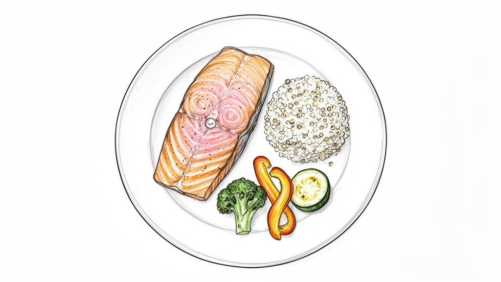 A balanced meal with a large salmon fillet, quinoa, broccoli, zucchini, and bell peppers on a white plate.