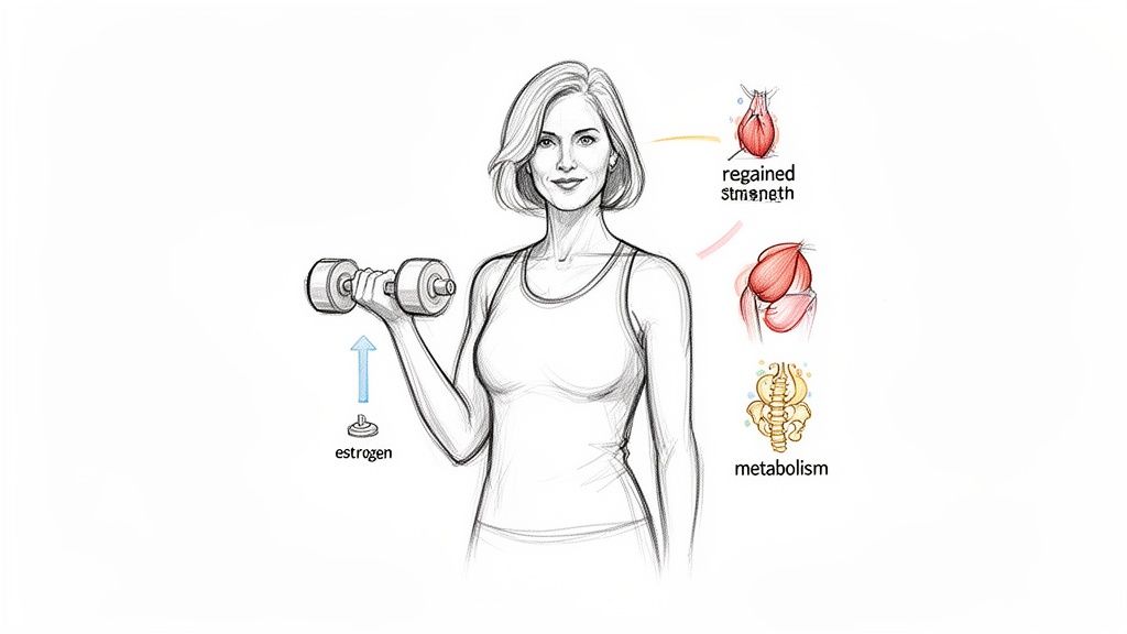 Illustration of a woman strength training, showing estrogen's role in regaining strength and boosting metabolism.