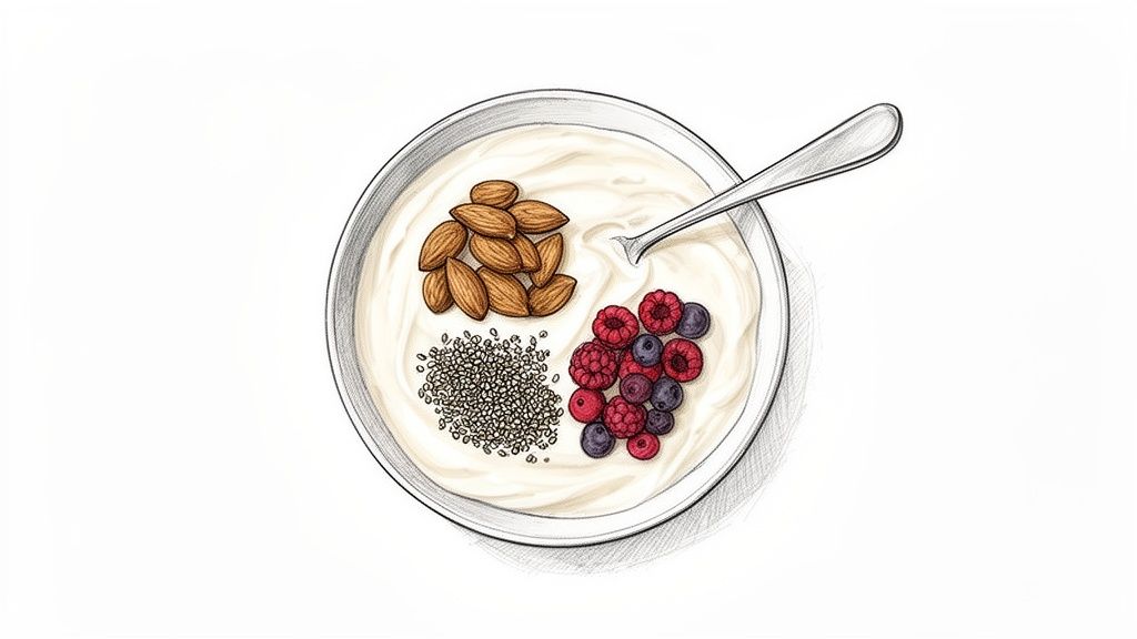 A quick Greek yogurt bowl with berries, chia seeds, and almonds — a fast protein-first breakfast.