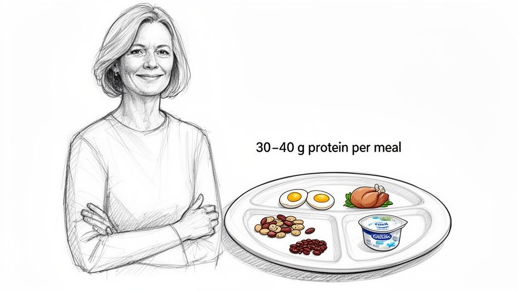 Illustration of a woman and a divided plate with protein-rich foods, suggesting 30-40g protein per meal.