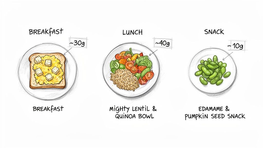 Illustration of high-protein plant-based breakfast, lunch, and snack with estimated protein content.