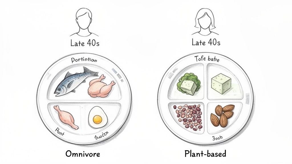 Two plates comparing omnivore (fish, chicken, egg) and plant-based (tofu, beans, almonds) protein options for late 40s.