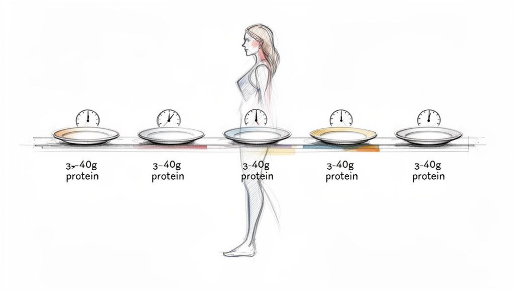 A diagram of a woman showing five plates with clocks, illustrating 3-40g protein intake timing.