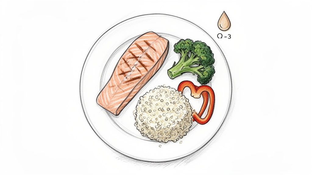 A balanced plate with salmon, quinoa, and roasted vegetables.