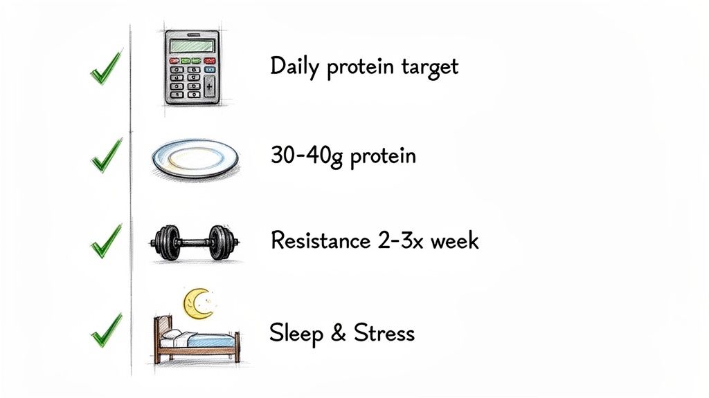 A checklist outlining key health goals: daily protein, 35-40g protein per meal, resistance training, and sleep and stress management.