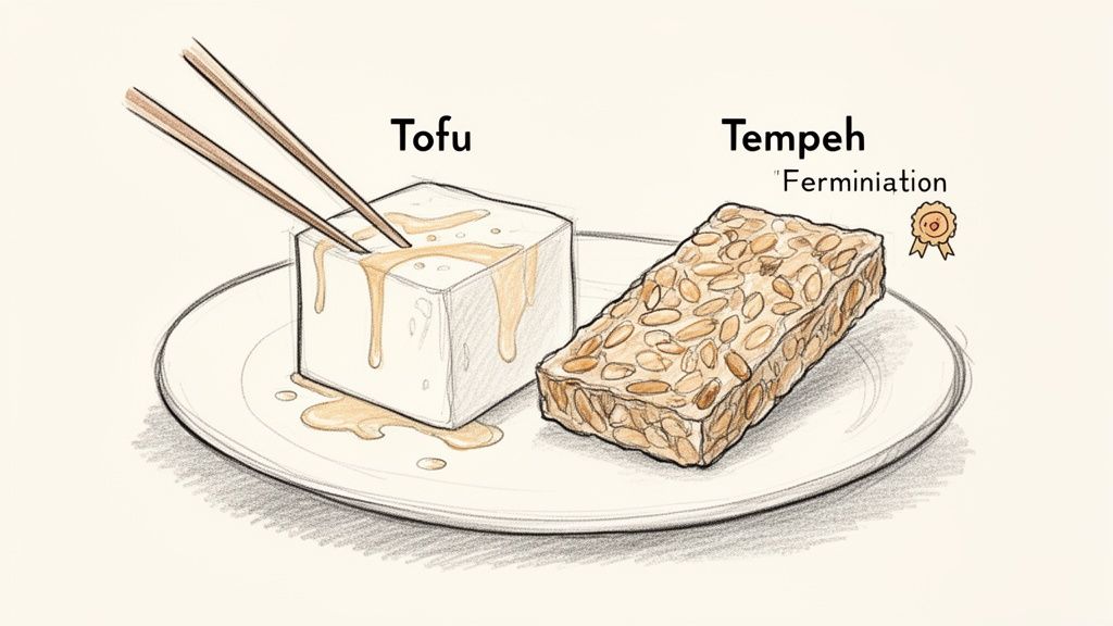 An illustration of tofu with chopsticks and sauce, and tempeh with soybeans, both on a plate.
