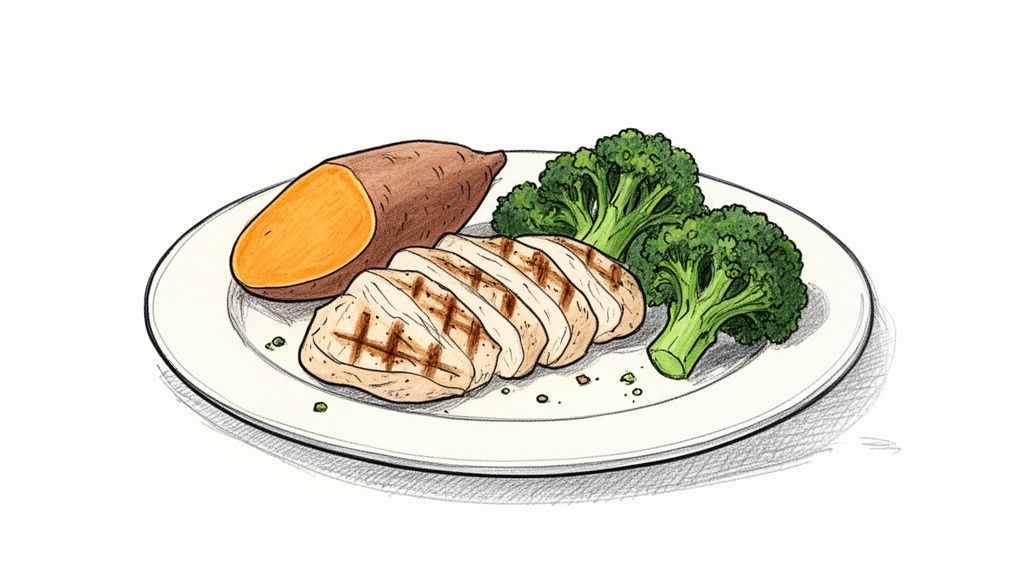 A healthy meal with grilled chicken breast, a halved sweet potato, and fresh broccoli florets on a white plate.