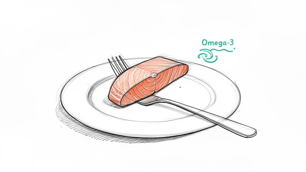 A hand-drawn salmon fillet on a white plate with a fork, emphasizing Omega-3 benefits.