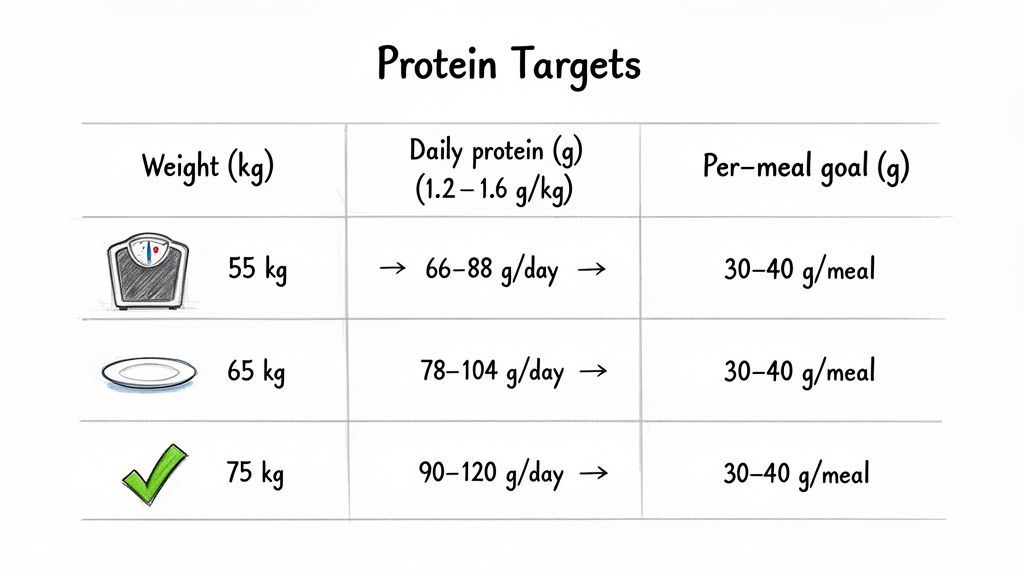 A table outlining protein targets for different body weights, with daily and per-meal protein goals.