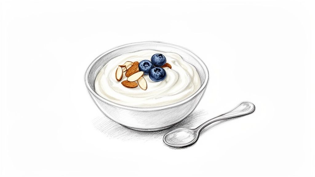 A hand-drawn illustration of a bowl of creamy yogurt topped with fresh blueberries and sliced almonds, with a spoon nearby.