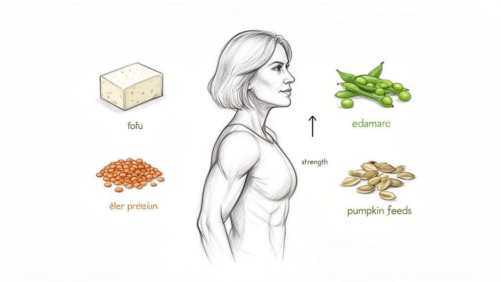 An illustration of a person with plant-based protein sources like tofu, edamame, lentils, and pumpkin seeds, indicating strength.