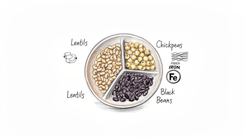 A divided plate showing lentils, chickpeas, and black beans, highlighted for fiber and iron content.