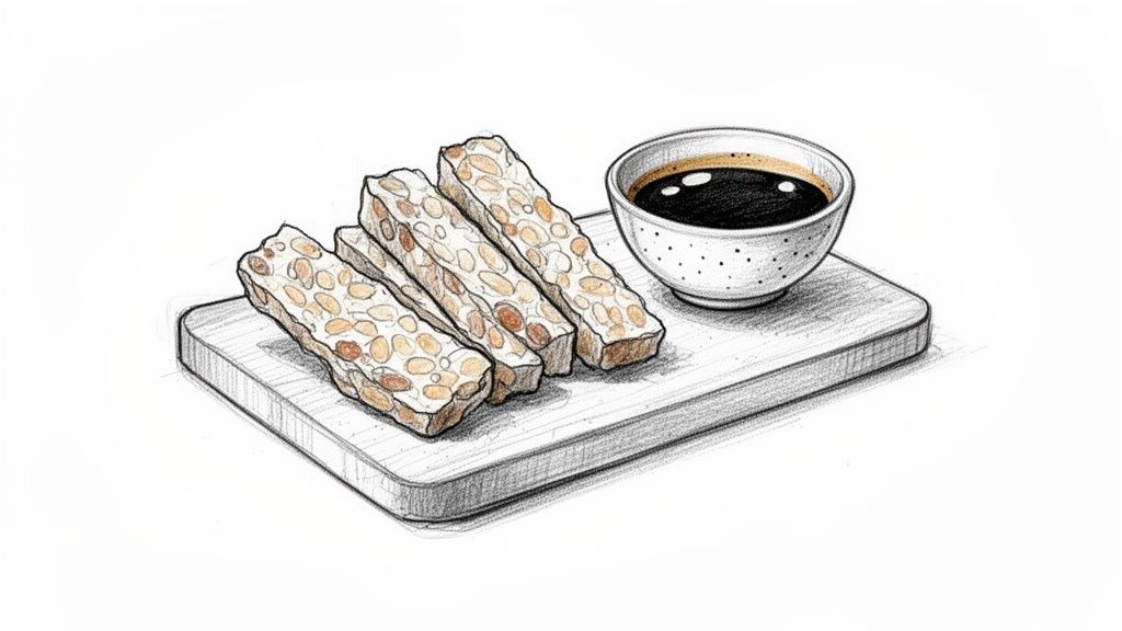 A hand-drawn sketch of four tempeh bars and a small bowl of dark sauce on a wooden board.