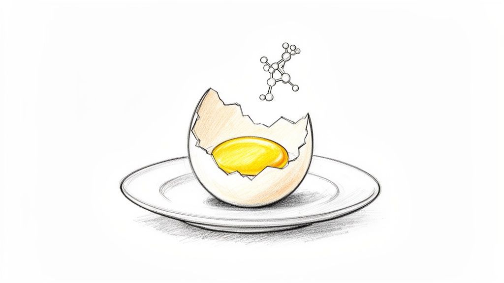 An illustration of a cracked egg on a white plate with yolk, and a molecular structure floating above.