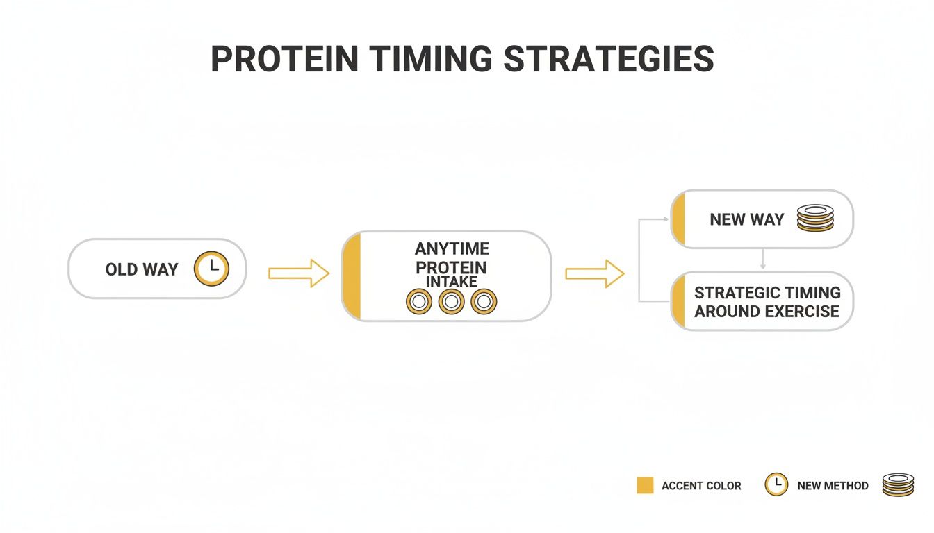 Flowchart illustrating the evolution of protein timing strategies, from old ways to flexible and strategically timed intake.