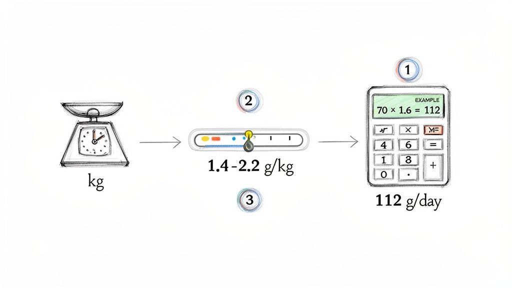 Diagram illustrating protein intake calculation from body weight (kg) and recommended grams per kg to daily total.