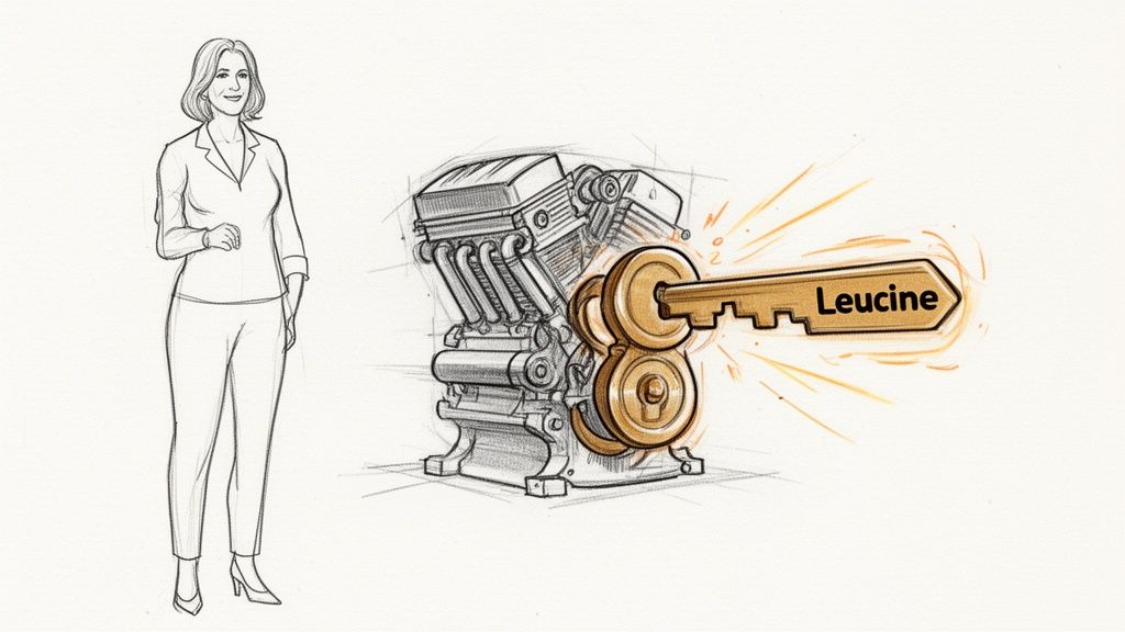 A sketch of a smiling woman standing next to an engine with a key labeled 'Leucine' inserted.