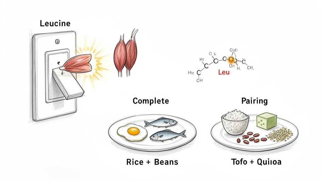 Illustration of Leucine activating muscle growth, with examples of complete proteins like fish and eggs, and paired plant-based proteins.