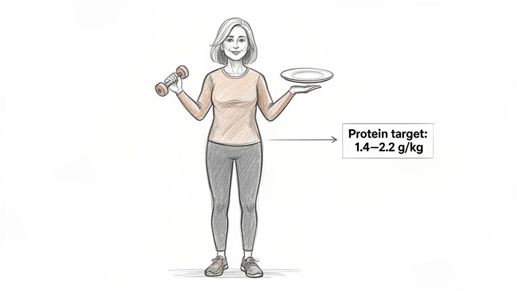 A woman demonstrating the importance of protein intake (1.4-2.2 g/kg) for fitness.