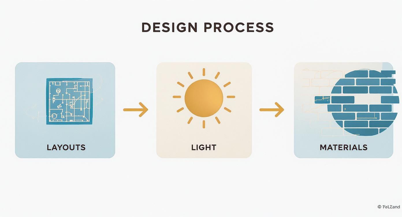 Infographic showing a 3-step design process with icons for Layouts, Light, and Materials