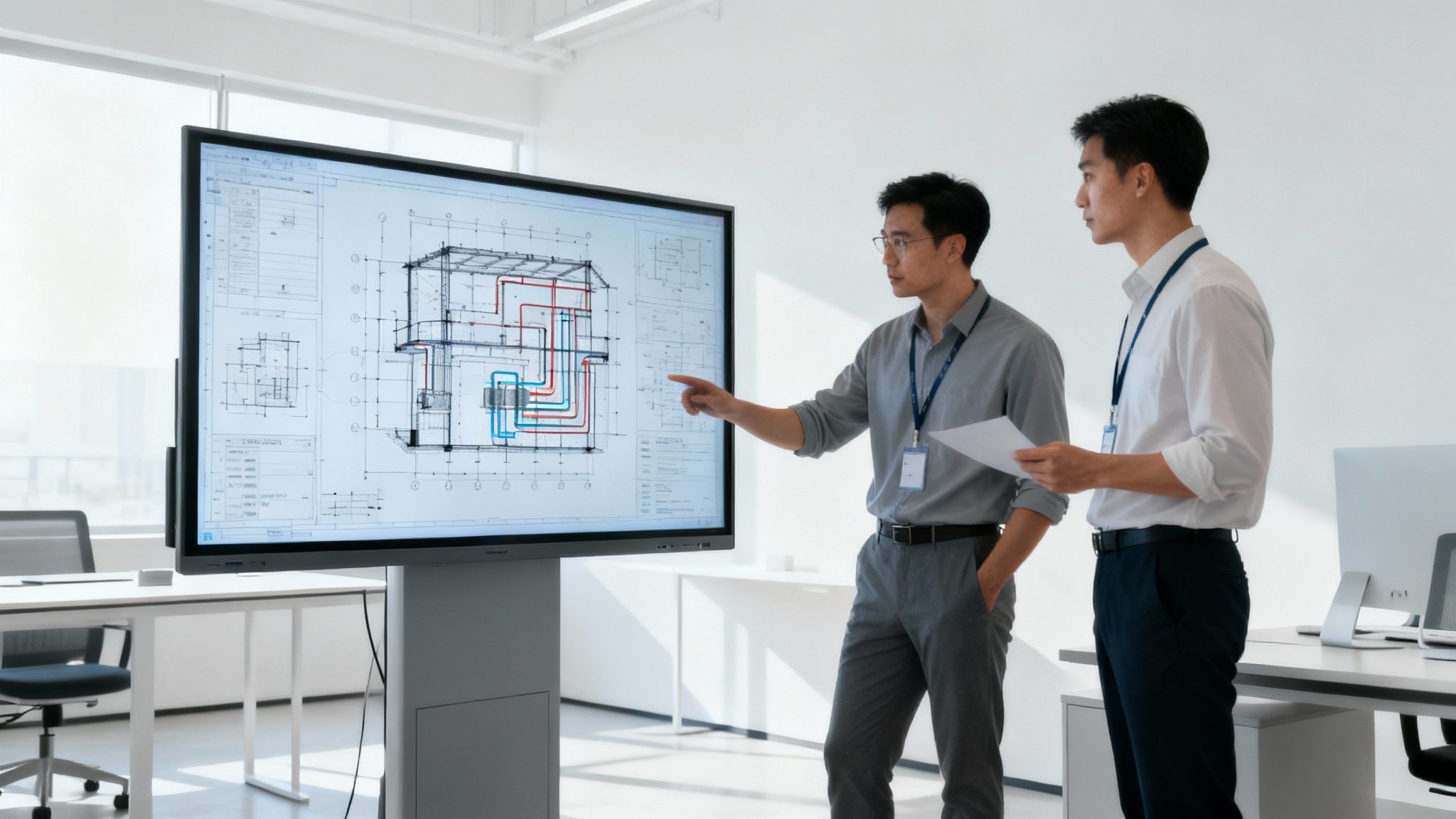 Engineers in a Dubai office discussing project plans on a large screen