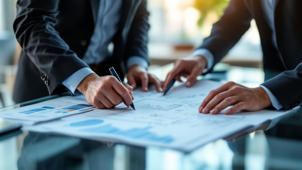 Engineers discussing blueprints with a cityscape in the background