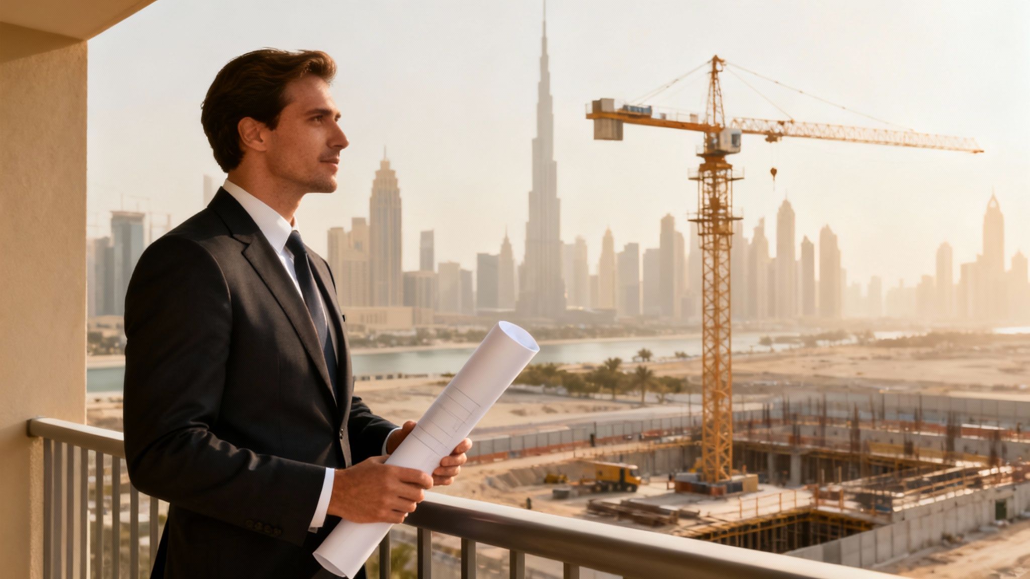 A team of engineers collaborating on a building blueprint in a modern office in Dubai.