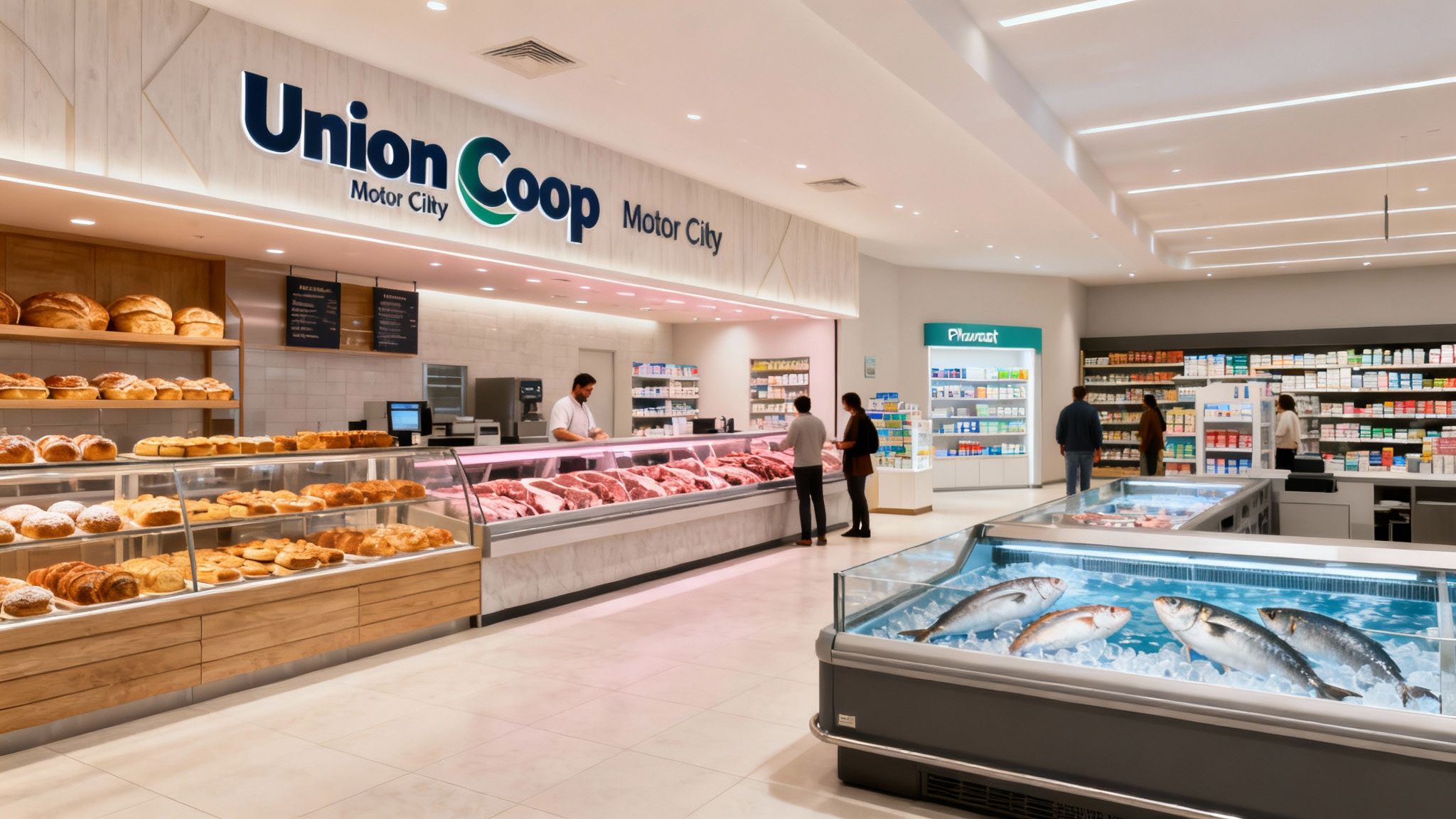 Fresh produce and other products displayed in the clean, well-lit aisles of Union Coop Motor City.