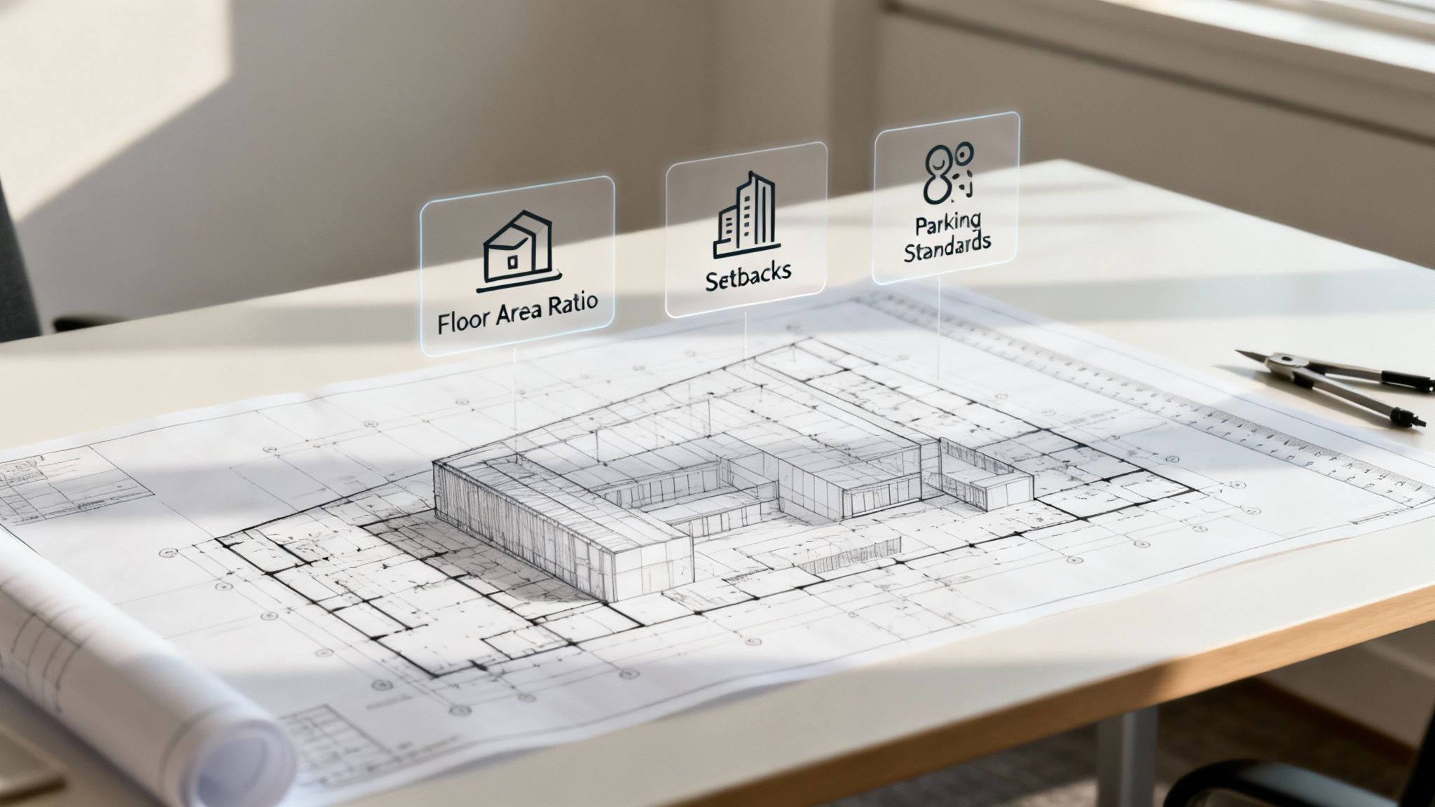 Architectural blueprints and regulations for an Al Wasl office project being reviewed.