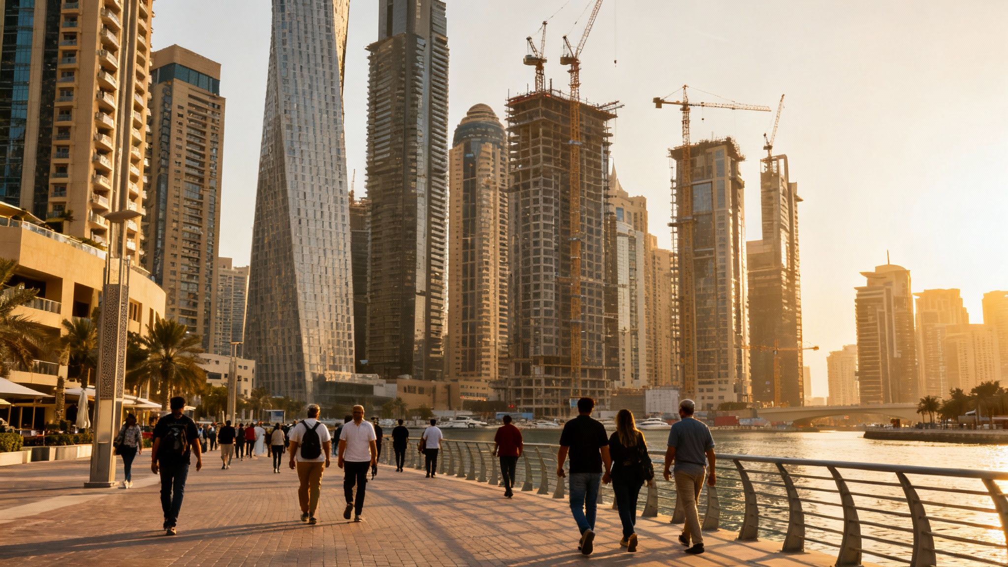 A modern mixed-use development in Dubai, showcasing retail and residential spaces.