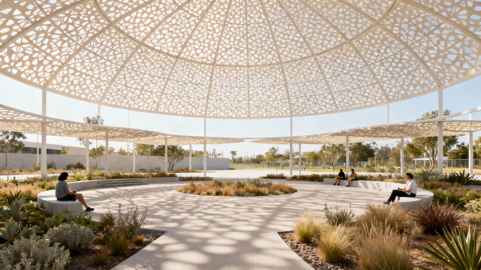 The Al Wasl Centre's dome structure provides natural shading, a key sustainability feature.