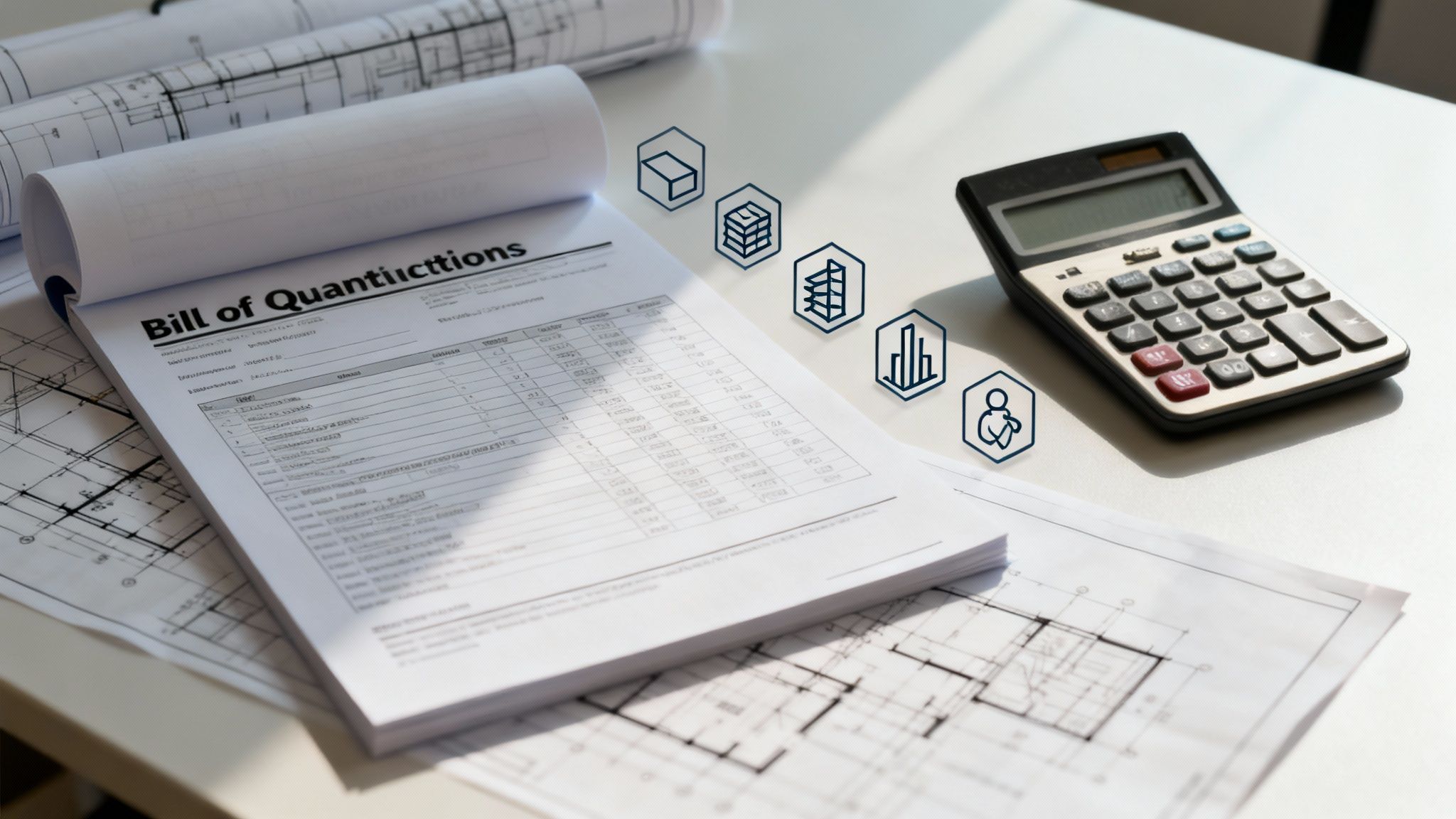 A construction manager reviewing a Bill of Quantities on a tablet at a Dubai construction site.