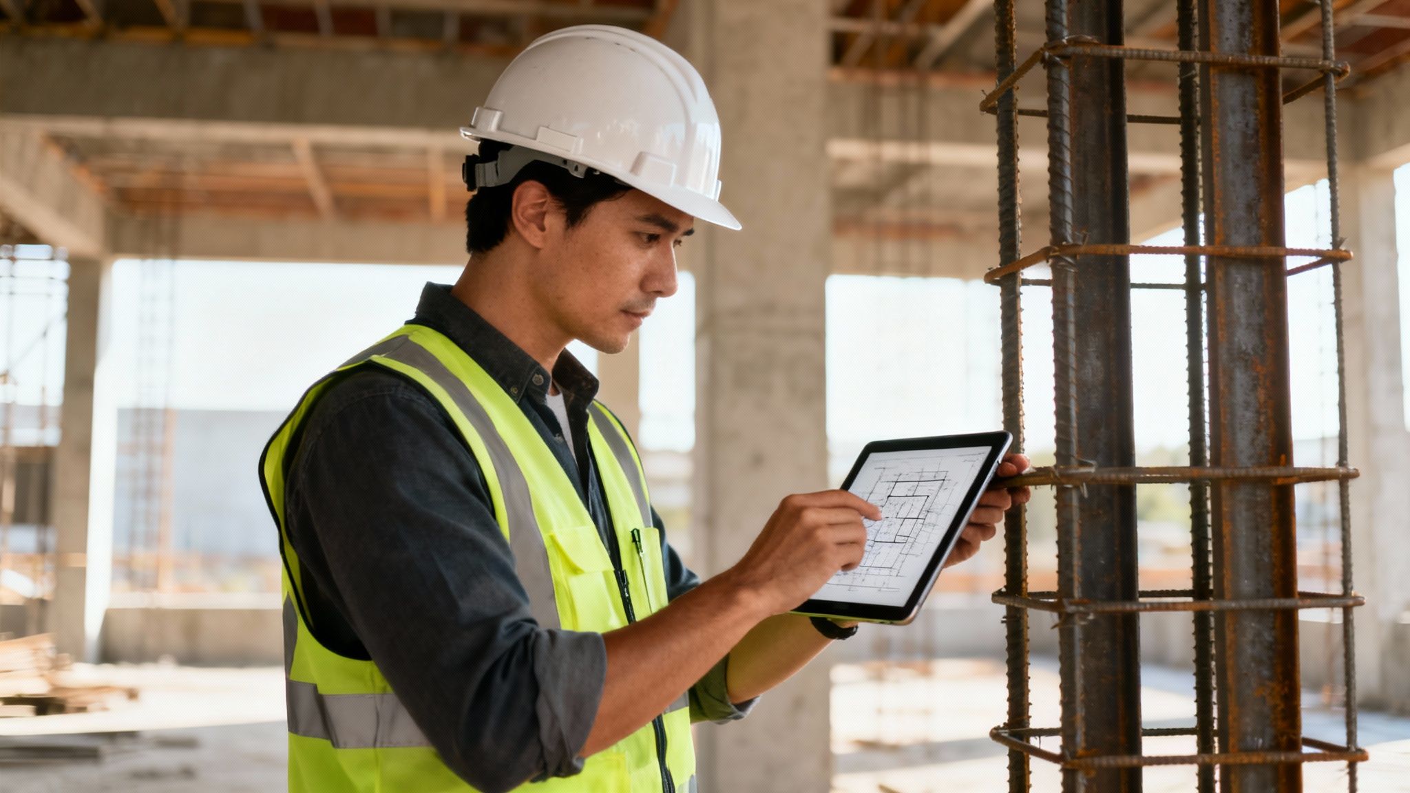 An engineer wearing a hard hat and safety vest reviews construction plans on-site in Dubai, ensuring quality control.