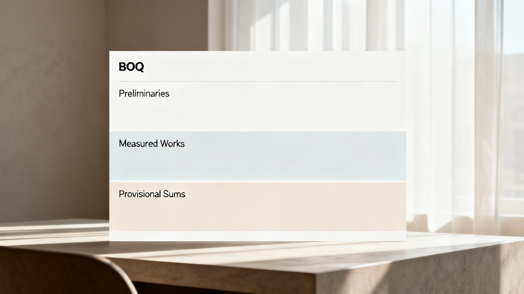 A detailed Bill of Quantities document is being reviewed on a construction site with building plans in the background.