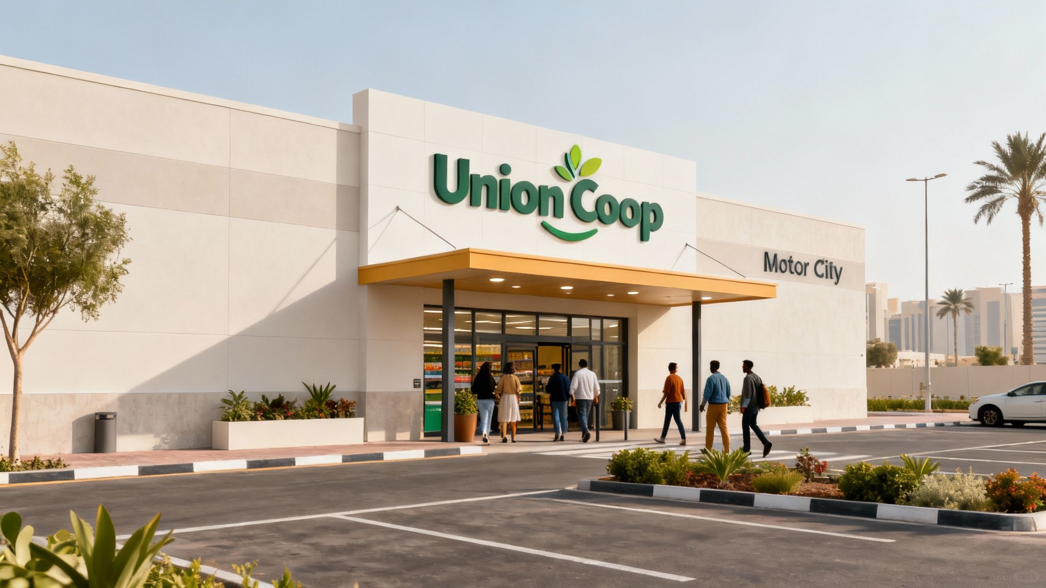 An exterior shot of the modern Union Coop Motor City building with its prominent logo.