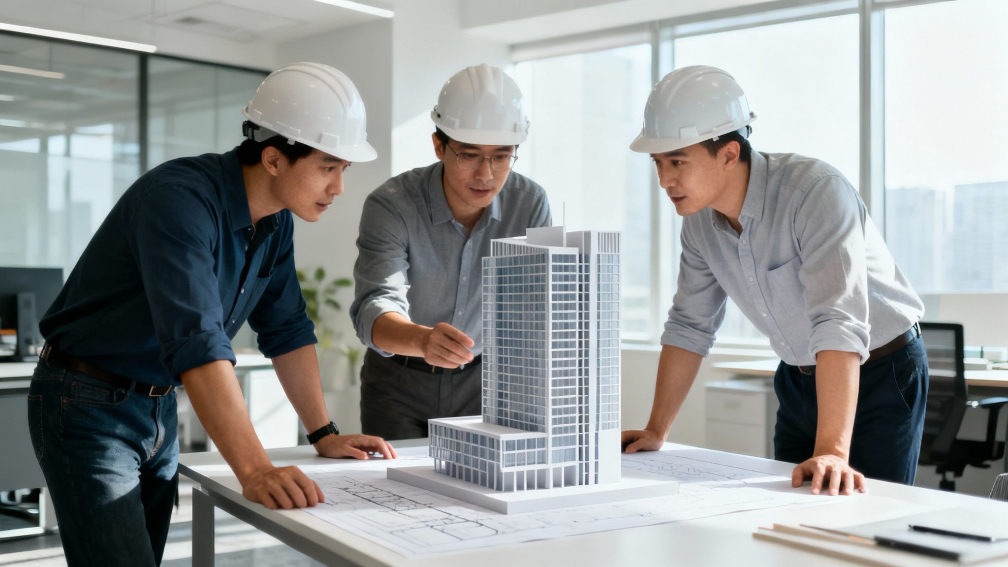 Engineers collaborating on a blueprint